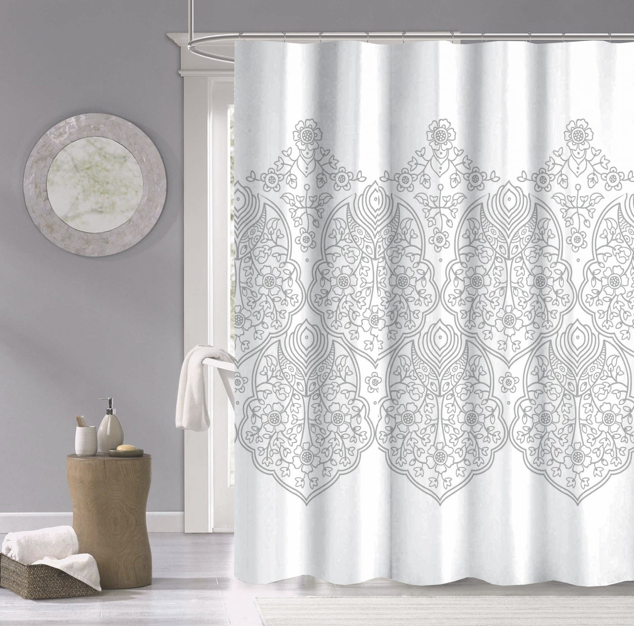 Silver Decorative Medallion Shower Curtain-0
